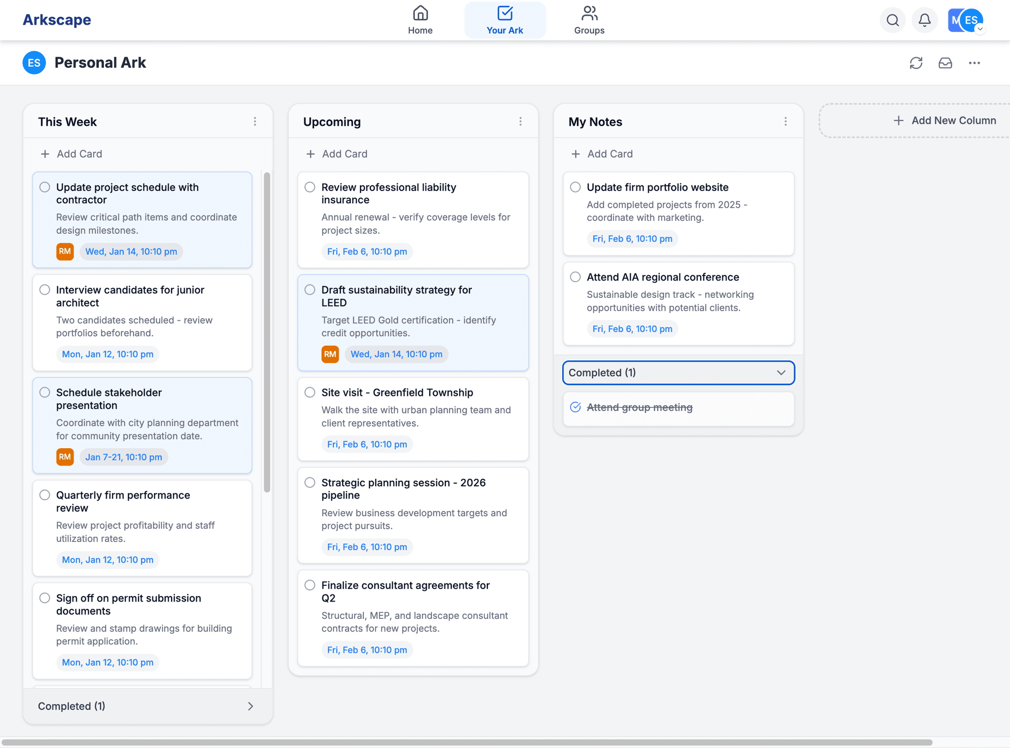 Arkboard link system connecting group tasks to personal ark